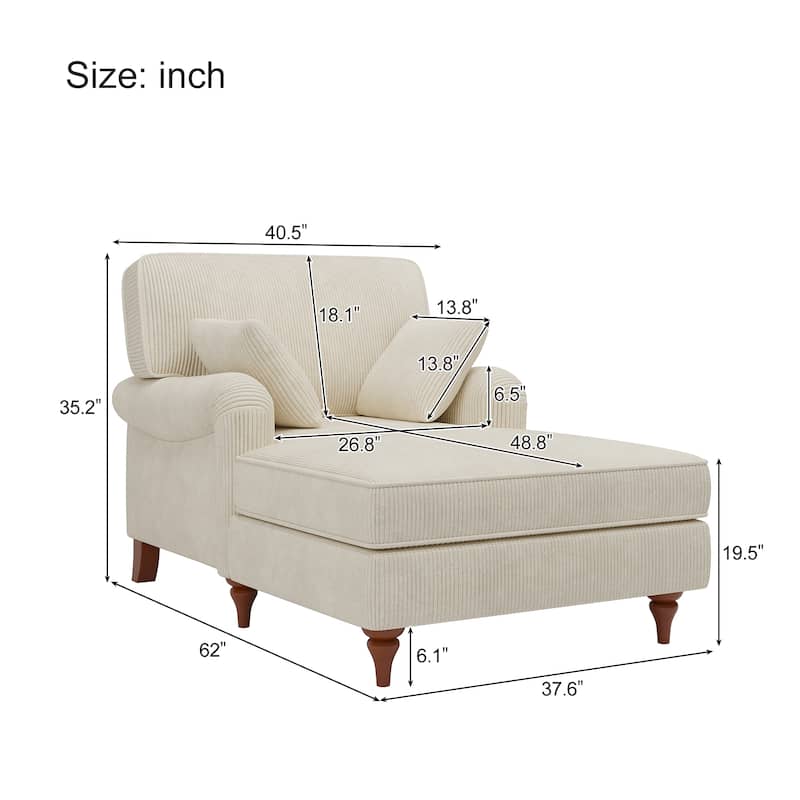 40.5"Oversized Chaise Lounge Chair with 2 Comfy Pillows Rolled Arms Corduroy Fabric Sleeper Sofa Chair for Living Room Bedroom