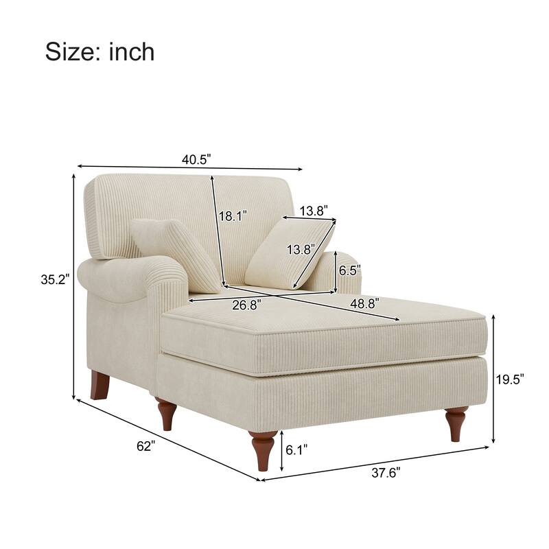 Beige Chaise Lounge Chair with 2 Pillows, Corduroy Fabric Sleeper Sofa Chair, 40.5'' Oversized Single Chair Bed, Rolled Armchair