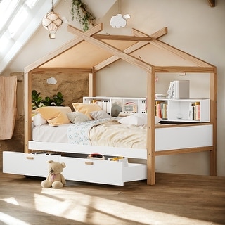 Full House Bed with Storage Drawers & Shelves, White/Natural