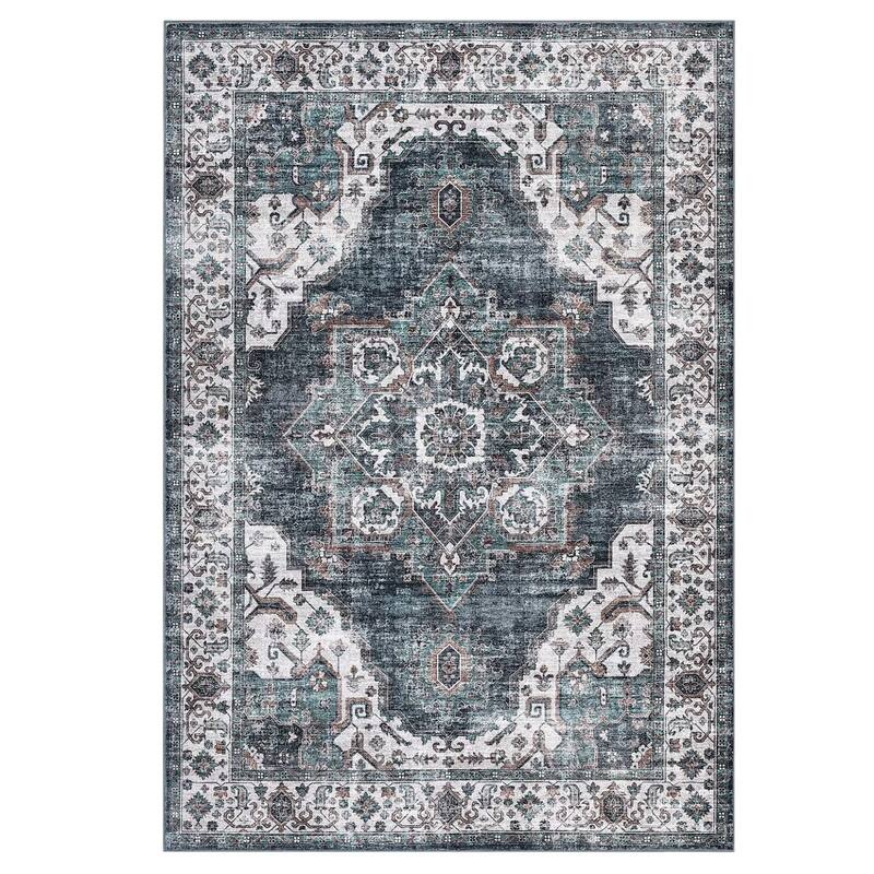 Vintage Rugs for Living Room, Medallion Print Soft Non Slip Low Pile Floor Carpet
