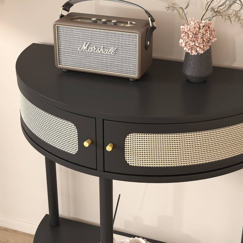 Unique Half Moon Design End Table ,Elegant Semicircle Sofa Side Table with 2 Rattan Storage Cabinet and Bottom Shelf