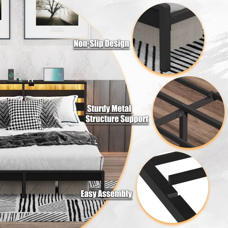 Full Metal Platform Bed with Wood Headboard/Footboard, USB & LED Lights, Under Bed Storage