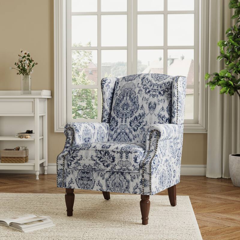 Traditional Floral Patterned Wingback Armchair with Nailhead Trim