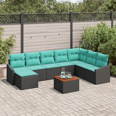 vidaXL 9 Piece Garden Sofa Set with Cushions Black Poly Rattan Acacia - 113.6×70.3×27.2