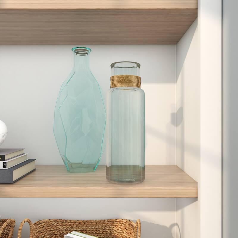 Recycled Glass Handmade Spanish Decorative Vase with Wrapped Rattan Neck Detail - Clear - Roche River Decor