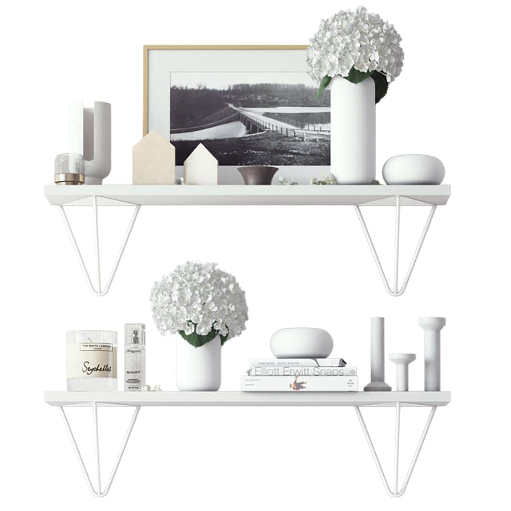 Wallniture Colmar 24" Living Room Wall Shelves with White Brackets, White, Set of 2