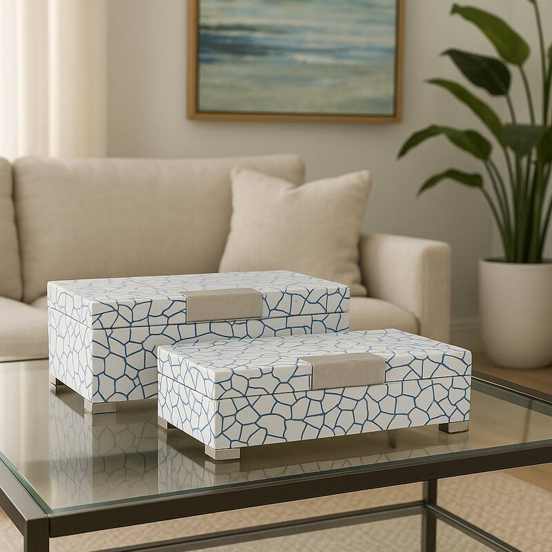 Resin Wood Boxes with Cracked Mosaic Texture (Set of 2) - 5" & 4" Blue - 14" x 8.25" x 4.75"