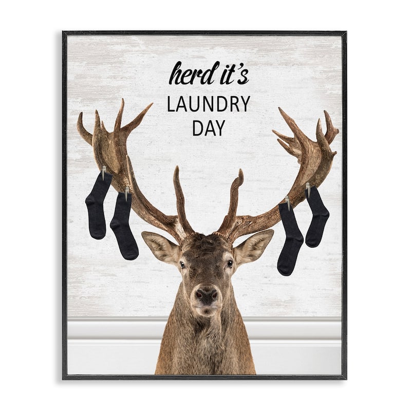 Stupell Laundry Elk with Hanging Socks Framed Giclee Art Design By Lettered and Lined - 24 x 30 - Black