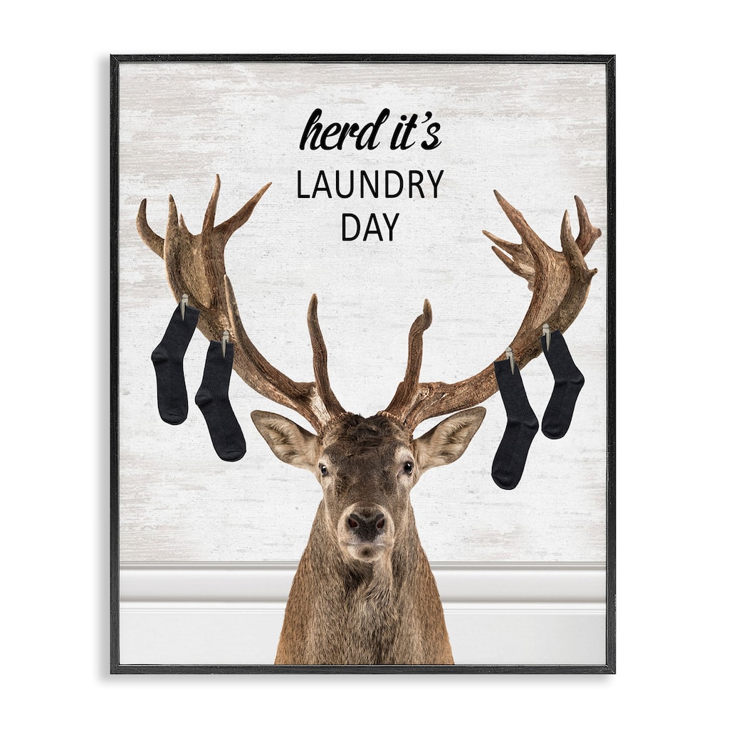 Stupell Laundry Elk with Hanging Socks Framed Giclee Art Design By Lettered and Lined