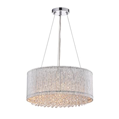 Chrome 4-Light Tubes Drum Shade Chandelier with Hanging Crystals