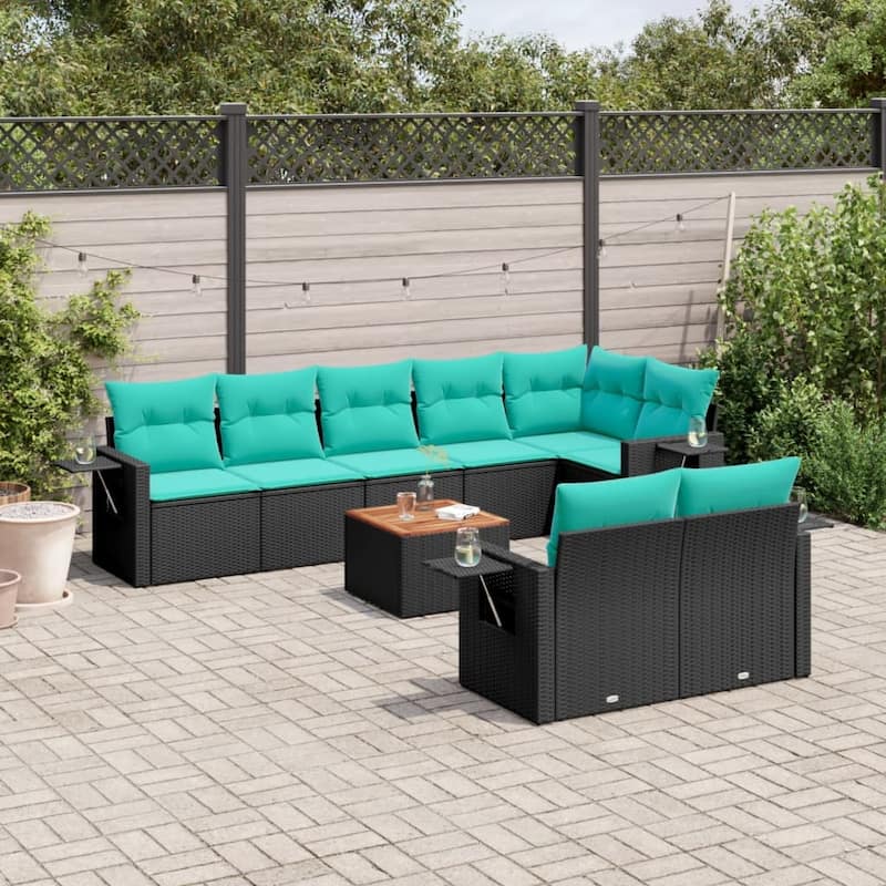 vidaXL 9 Piece Patio Sofa Set with Cushions Black Poly Rattan - 24.4" x 24.4" x 27.2" - Black and blue  - form1