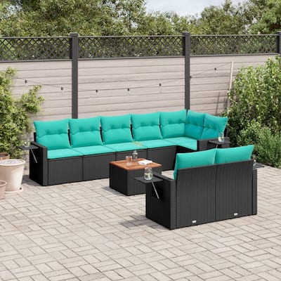 vidaXL 9 Piece Patio Sofa Set with Cushions Black Poly Rattan - 24.4" x 24.4" x 27.2"