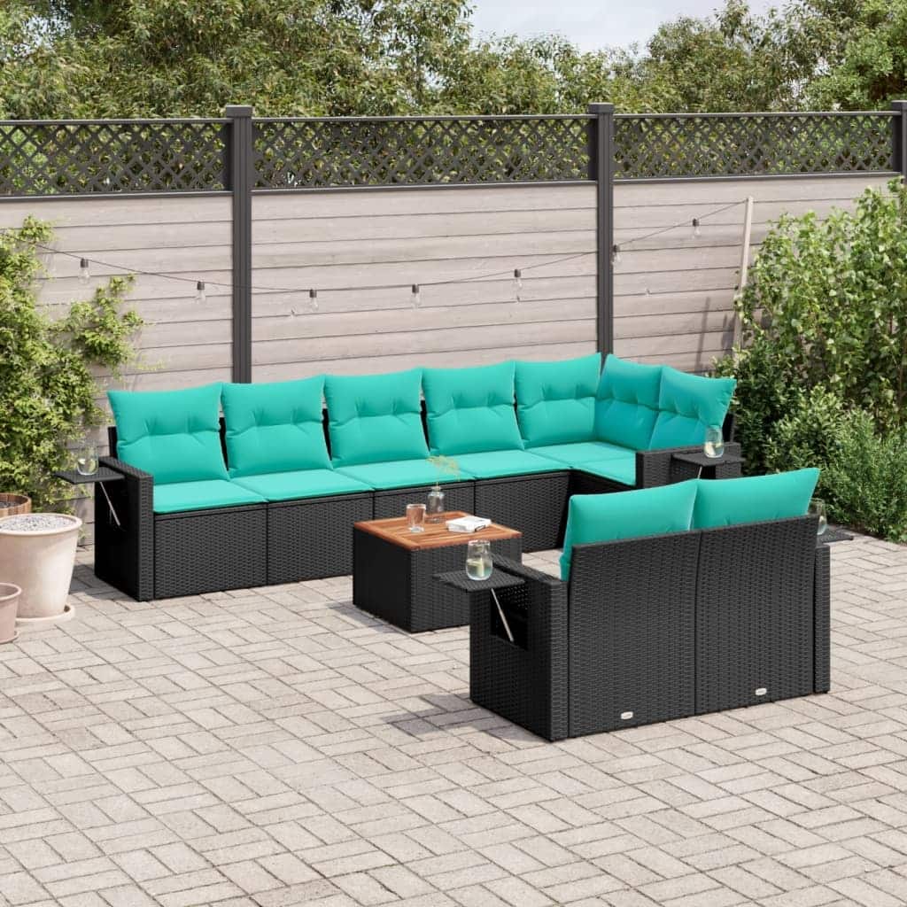 vidaXL 9 Piece Patio Sofa Set with Cushions Black Poly Rattan - 24.4" x 24.4" x 27.2"