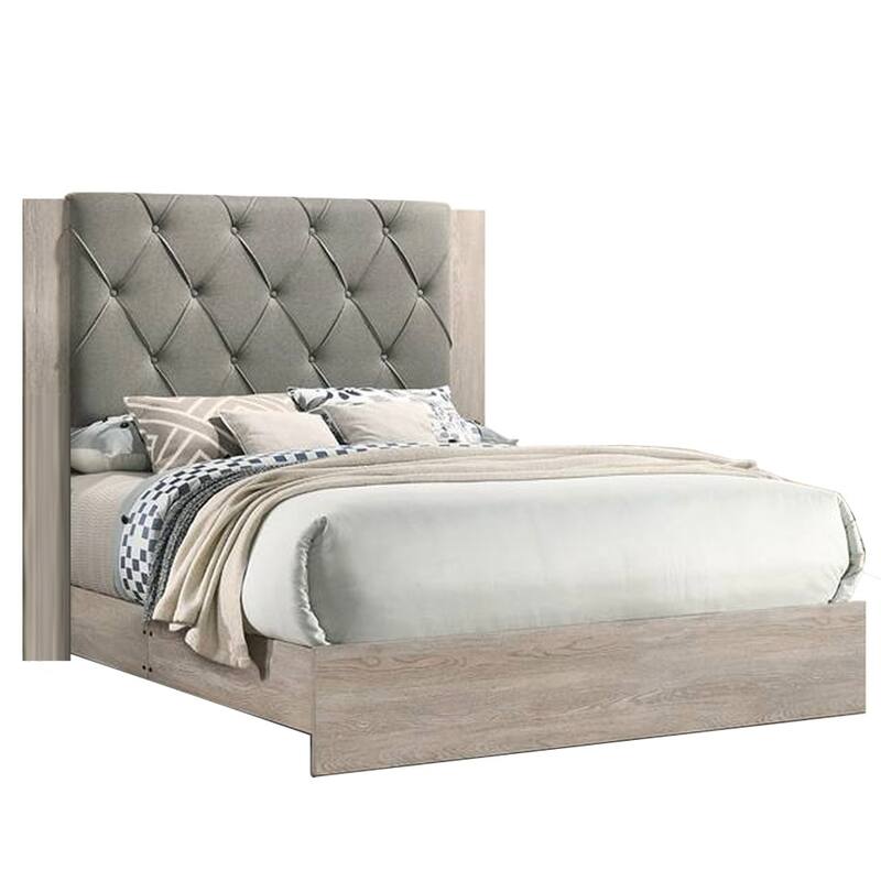 Queen Size Upholstered Bed with Tufted Gray Headboard in Cream Finish - Rubberwood Frame