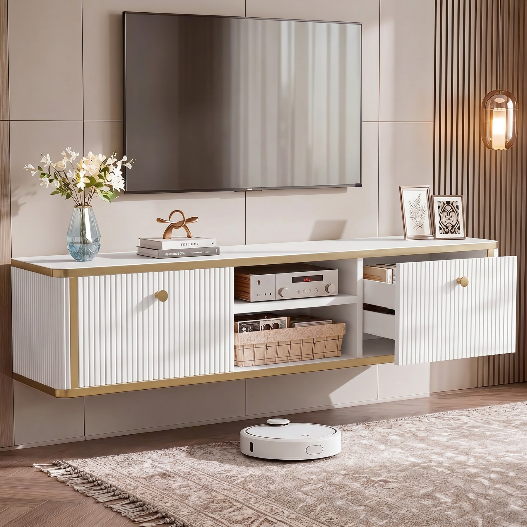 Floating TV Stand for TVs up to 65 Inches, Modern Wall Mounted Entertainment Center with 2 Drawers, White and Gold