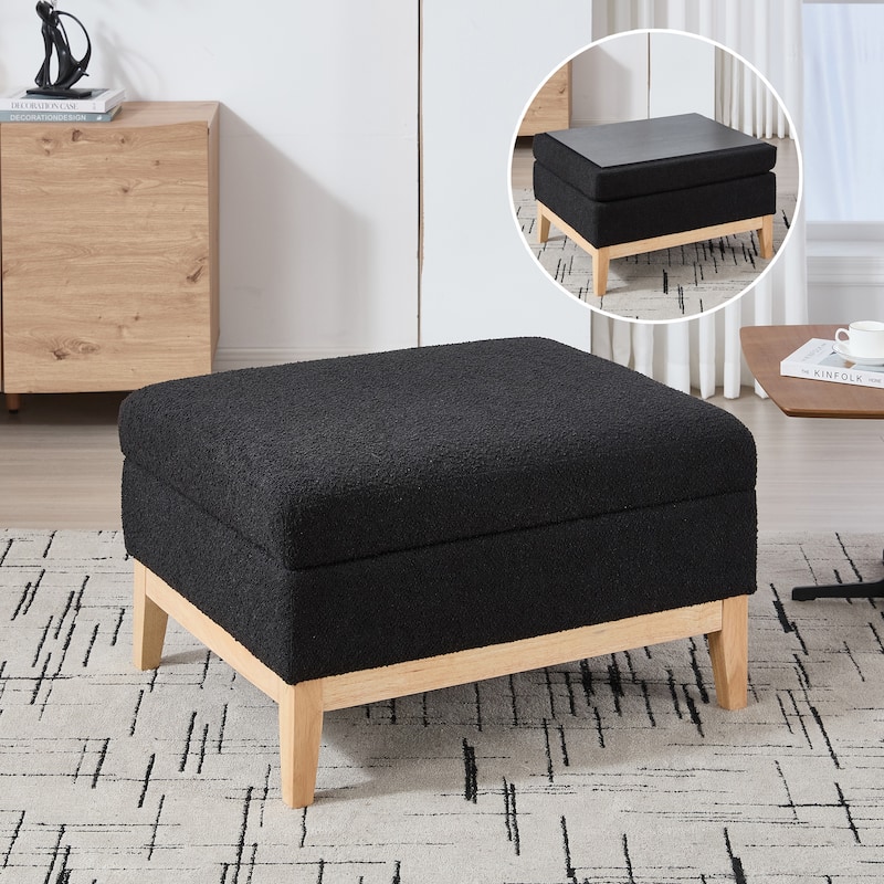 Roomfitters Storage Ottoman, Boucle Coffee Table Footstool with Reversible Lid and Wood Base for Living Room or Bedroom - Black+Brown