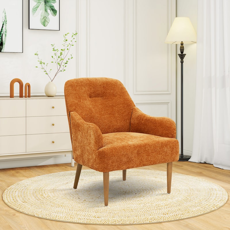 Modern Chenille Armchair Comfy Accent Chair with Wood Legs - Orange