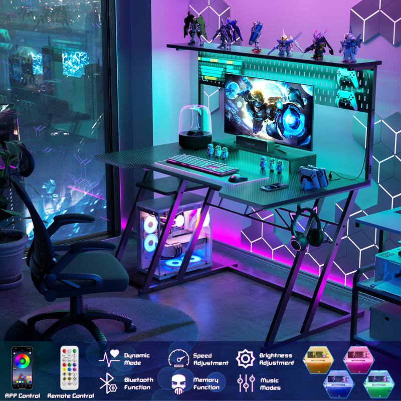 Gaming Desk with Hutch and LED Lights, Computer Table with Storage Shelves