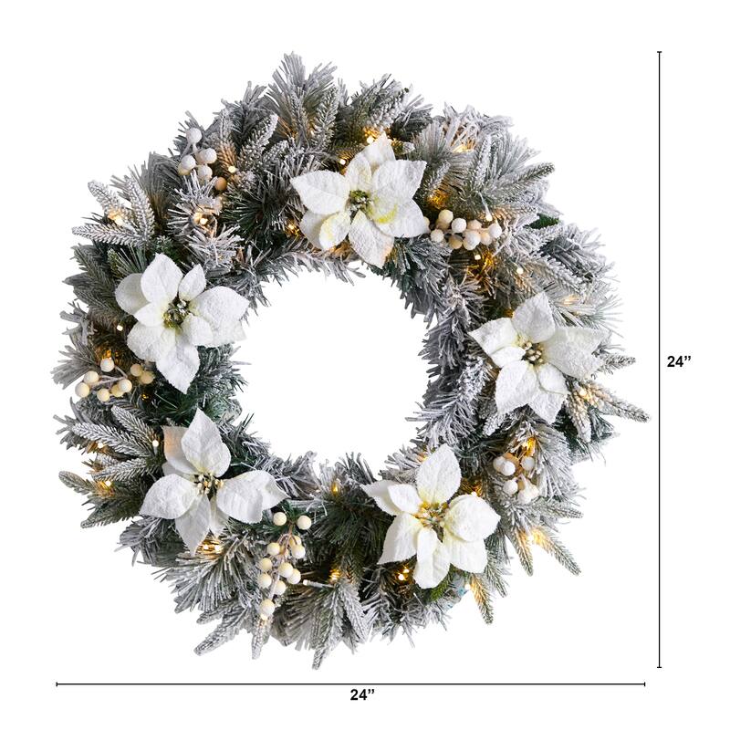 Flocked Poinsettia and Berries Artificial Christmas Wreath, 24-Inch, LED Lights