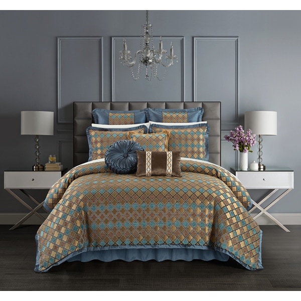 Chic Home Suelyn 9 Piece Chenille Design Comforter Set, Blue. Opens flyout.