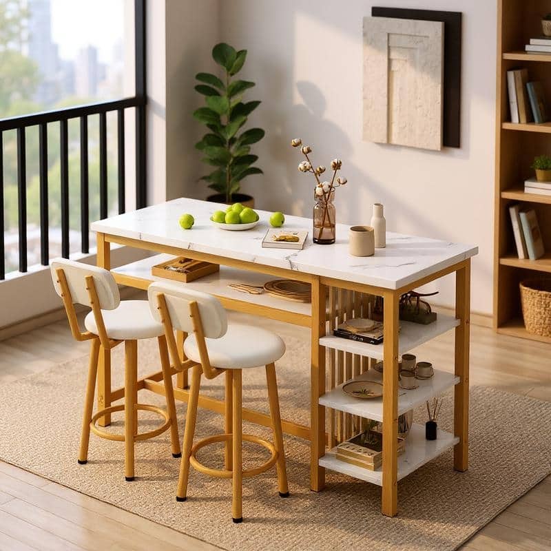 3-Piece Dining Room Table Set with 2 Upholstered Bar Stools, Modern Farmhouse Bar Table Set for 2 with Multiple Tier Shelves