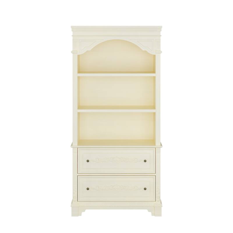 Vintage White Display Cabinet with Shelves and Drawers, Antique Bronze Handles, Hand-Rubbed Finish, Elegant Bookshelf