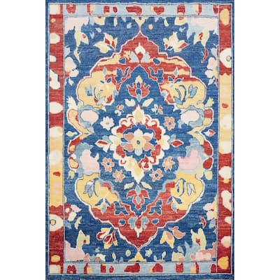 Hand Knotted Oriental 100% Wool Carpet Transitional Floral Navy Blue & Blues Oushak Area Rug - 6' 7'' X 5' 0''