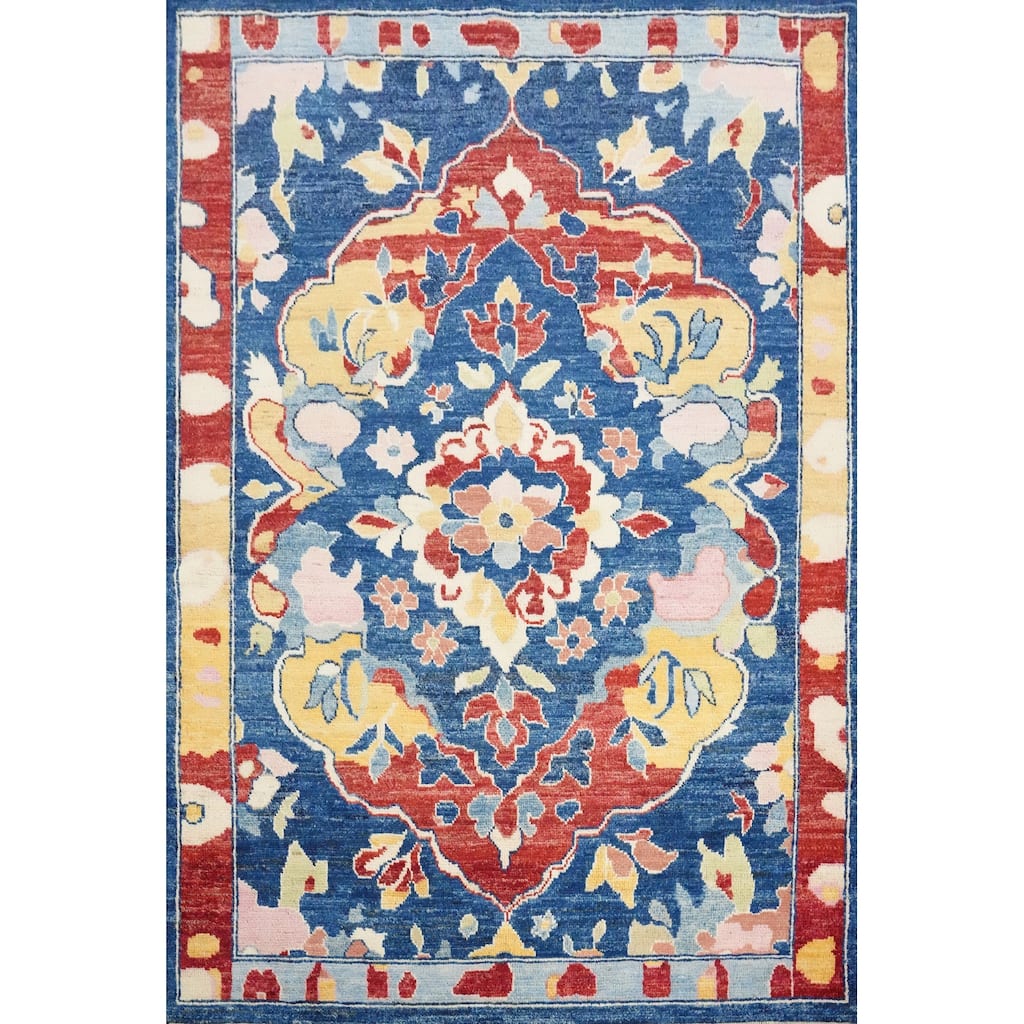 Hand Knotted Oriental 100% Wool Carpet Transitional Floral Navy Blue & Blues Oushak Area Rug - 6' 7'' X 5' 0''