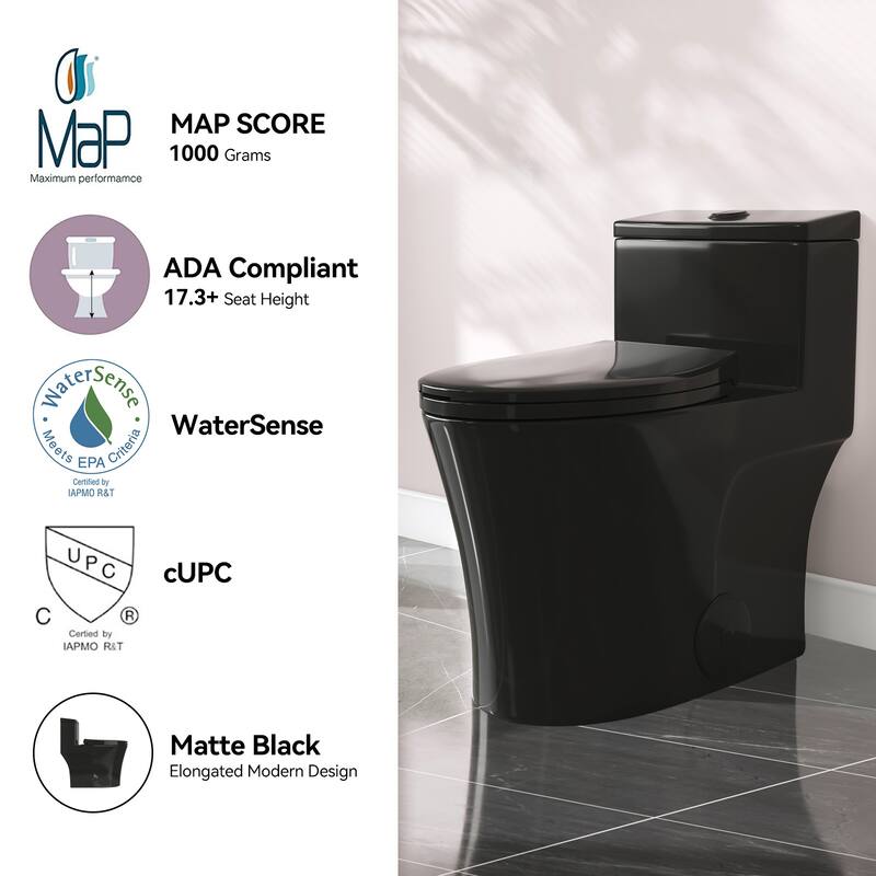 HOROW One-piece 0.8/1.28 GPF Dual Flush Elongated Toilet in Black Seat Included -- 12" Rough in