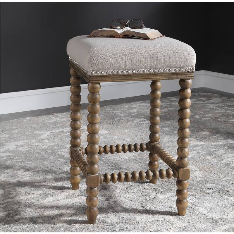 26" Pryce Spindle Leg Light Walnut Counter Stool with Linen Cushion