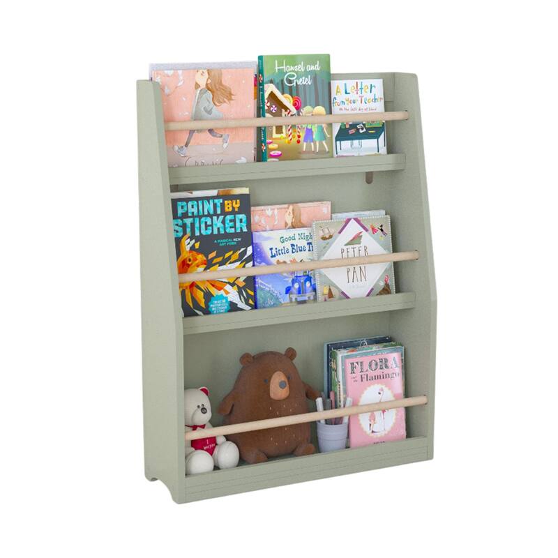 Anmytek 3-Tier Kids Wall Bookshelf with Slanted Front & Guardrails, Pastel Finish Wooden Display for Bedroom