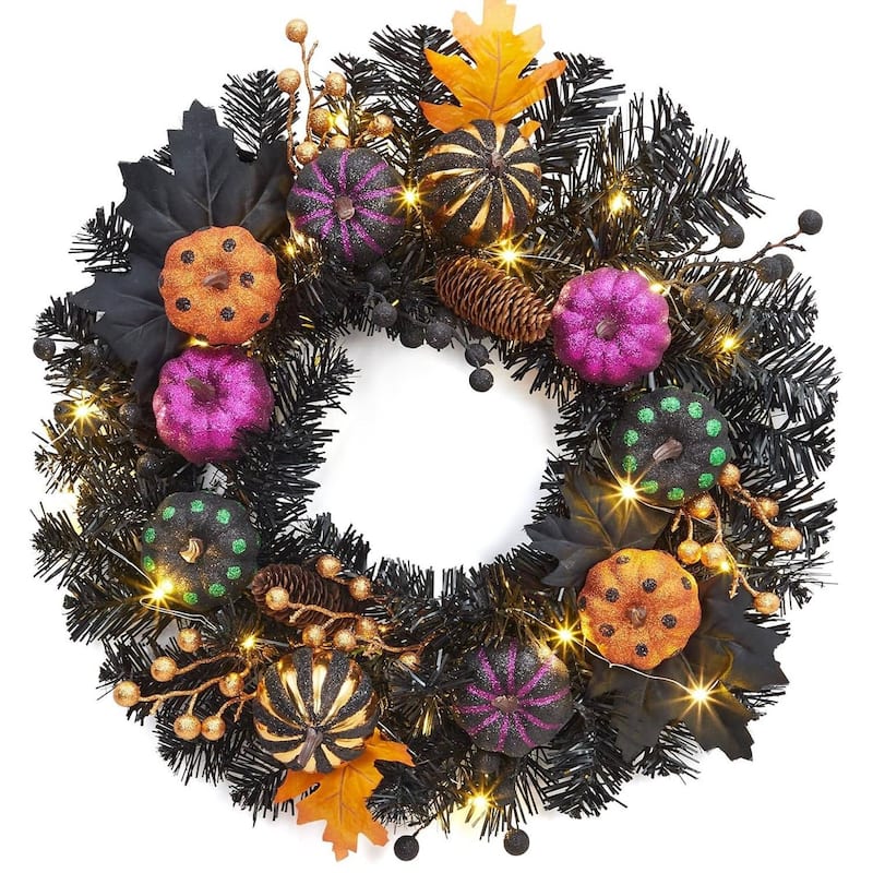 20 Inch Lighted Pumpkin Black Branch Wreath for Window Porch Party Decor - N/A - Black
