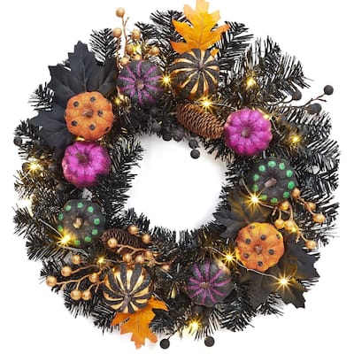 20 Inch Lighted Pumpkin Black Branch Wreath for Window Porch Party Decor - N/A