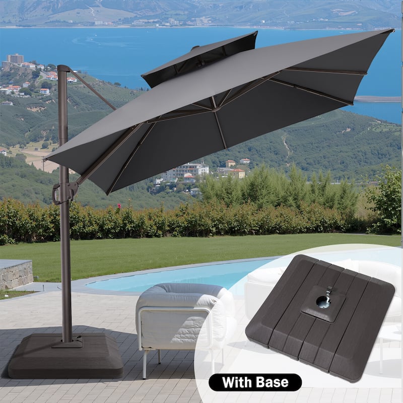 10FT Square Patio Cantilever-Offset 360 Degree Rotation Umbrella with Base - Dark Grey