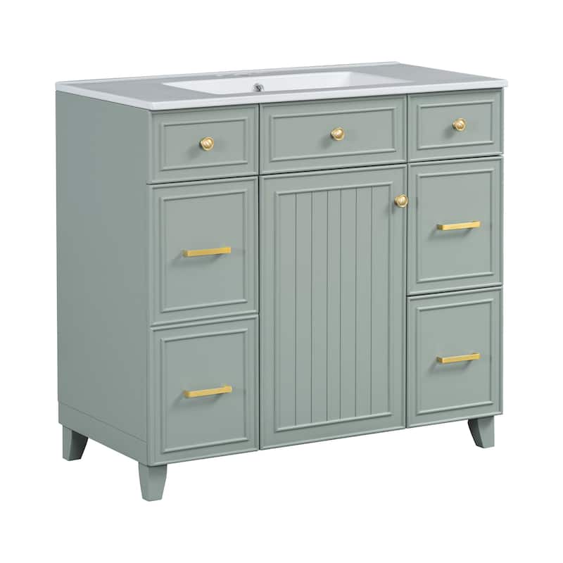 36"Bathroom Vanity with Ceramic Sink, Wood Frame,Soft Close Doors,Adjustable Shelves,3 Drawers,Including Double-Depth Drawer