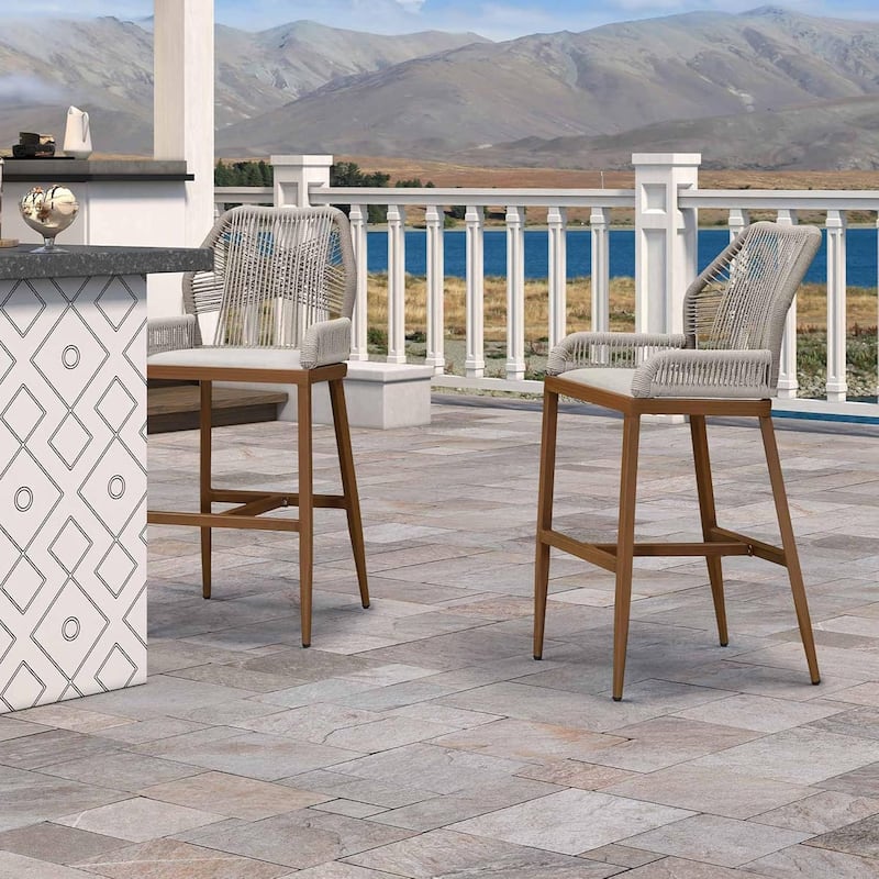 PURPLE LEAF Outdoor Bar Stools Chair Set of 2, All Weather Rattan and Aluminum Patio Bar Stool with Cushion - Mix Grey-Height stool