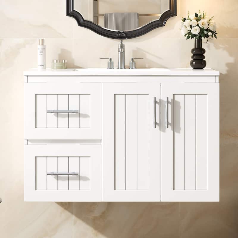 36" Wall Mounted Bathroom Vanity, Floating Bathroom Storage Cabinet with 2 Drawers, 3 Holes Single Ceramic Sink