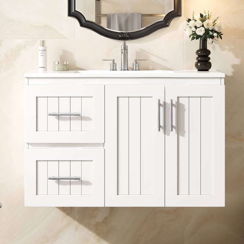 36" Wall Mounted Bathroom Vanity with 2 Drawers, Floating Vanity with Ceramic Sink & Adjustable Shelf, Modern Bathroom Storage