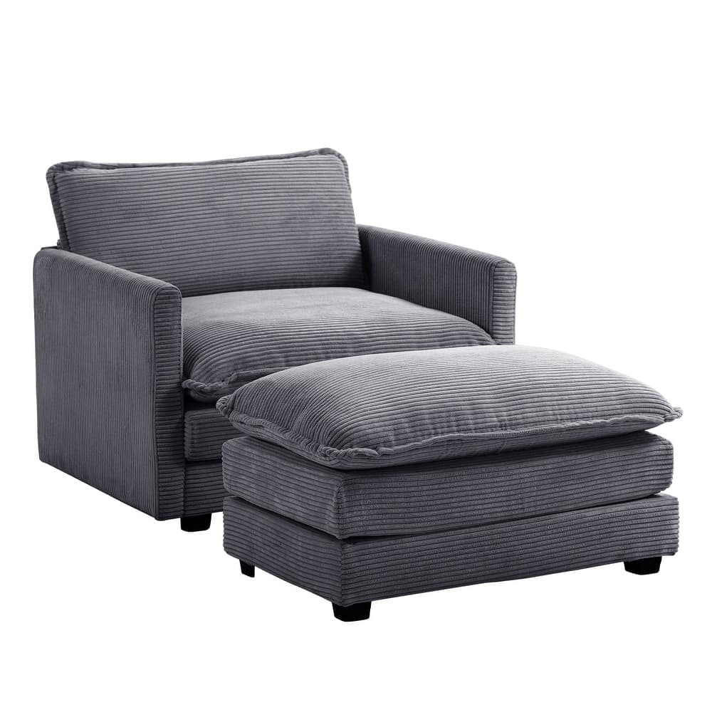 Oversized Corduroy Armchair with Plush Cushions and Movable Ottoman