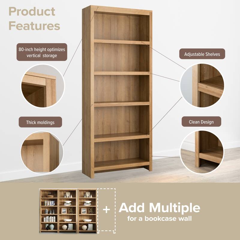 Prepac Moda 80" H 5-Tier Bookcase, Modern Storage Accent Bookshelf with 3 Adjustable Shelves for Home Office, Living Room