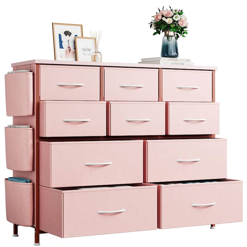 Fabric 10 Drawer Dresser for Bedroom, Metal Frame Storage Organizer Chest with Side Pockets, Hooks