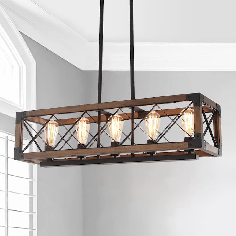 5-light Farmhouse Wood Cage Chandelier - Black - Black