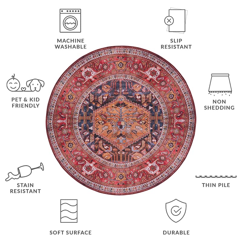 SAFAVIEH Tucson Machine Washable Slip Resistant Armenuhi Traditional Rug - 6' Round - Navy/Rust
