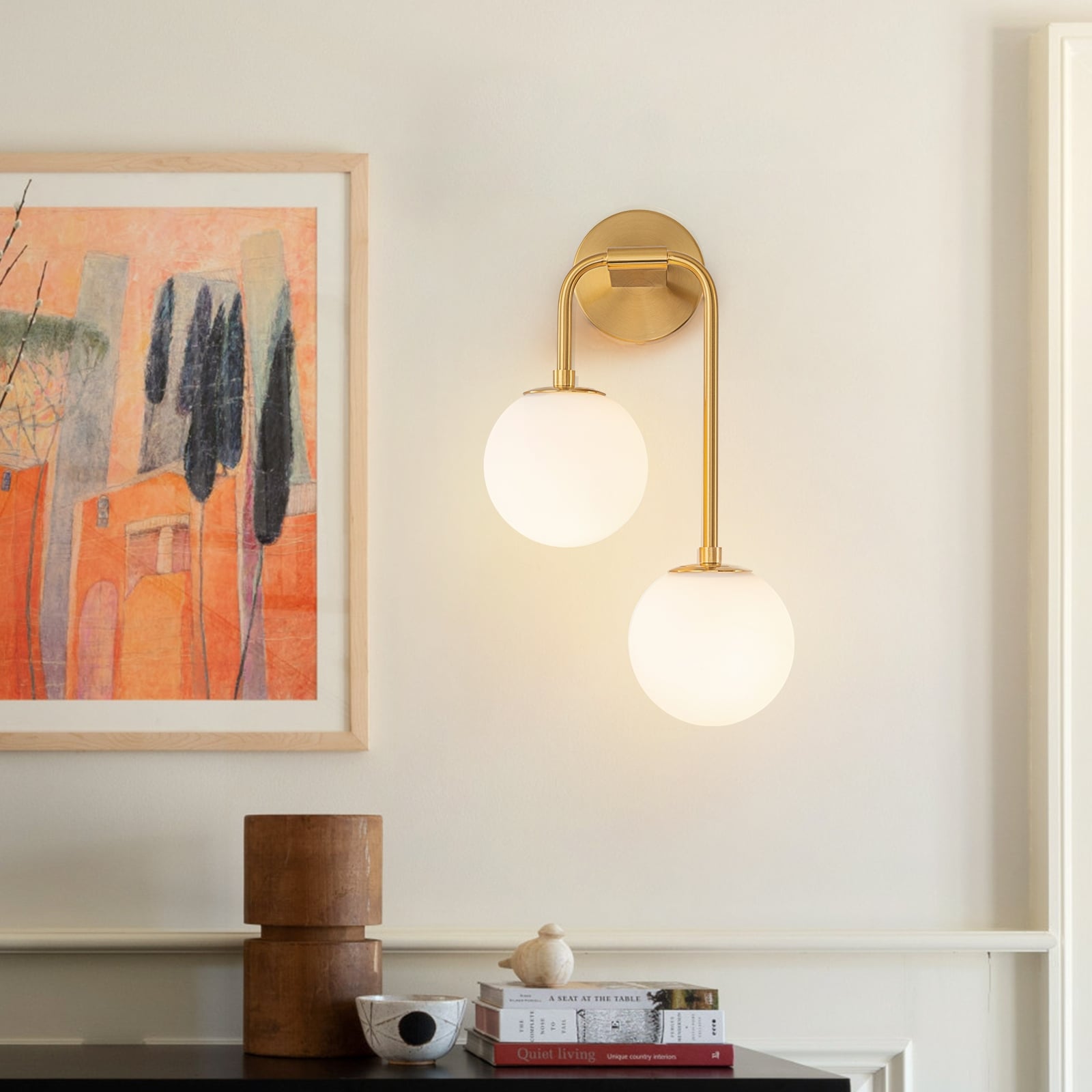 2-Light Mid-Century Modern Gold Wall Sconce with Opal Glass