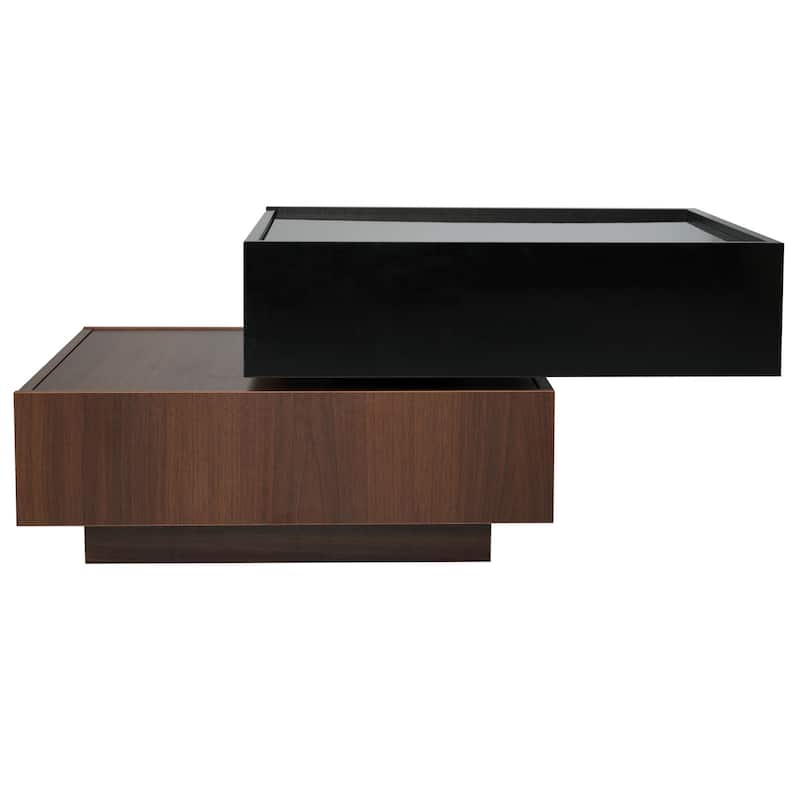Roomfitters 360° Rotating Coffee Table with High Gloss Finish, Multi-Storage Square Center Table with Swivel Tabletop, Black