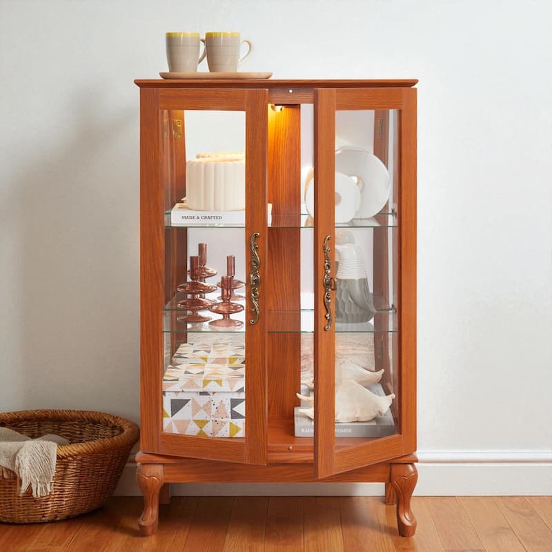 Lighted Curio Cabinet with 2 Glass Doors, Mirrored Back Panel, Adjustable Shelves & Built-in Bulb, Retro Display Cabinet