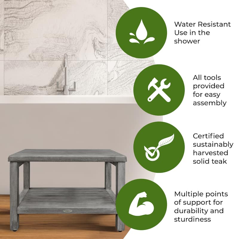 CoastalVogue Eleganto Antique Gray 24" Teak Wood Shower Bench