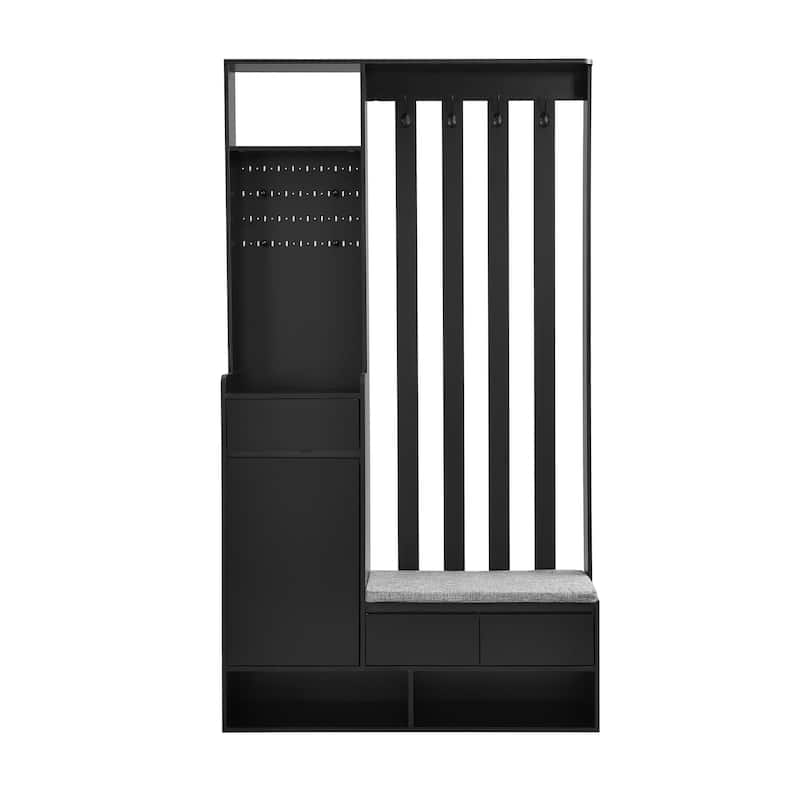 Roomfitters Modern Hall Tree with Storage Bench, Multifunctional Mudroom Cabinet with Pegboard and 4 Hooks