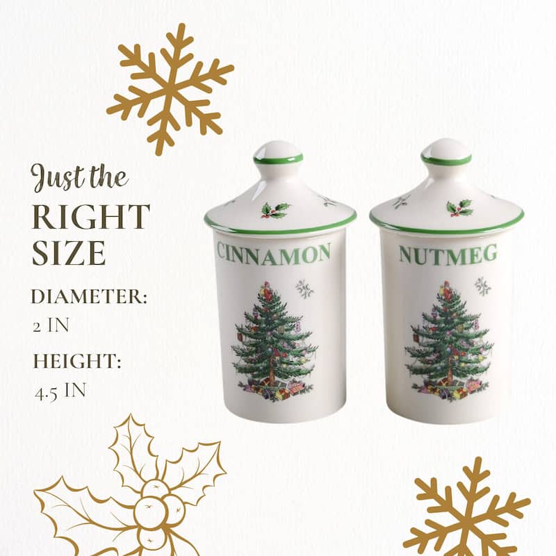 Spode Set of 2 Christmas Tree Spice Jars - 2" D x 4.5" H