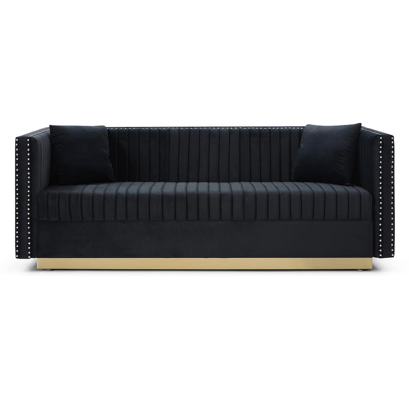 78" Velvet 3-Seater Sofa with Vertical Channel Tufting, Gold Base, Nailhead Trim, and 2 Pillows